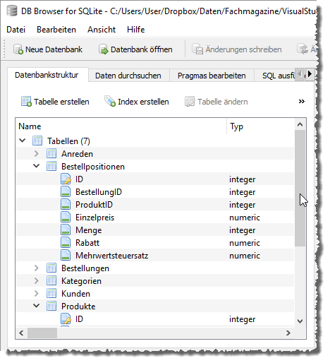 Anzeige der konvertierten Datei im DB Browser for SQLite