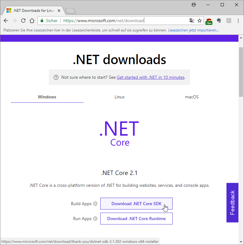 Download von .NET Core SDK 2.1