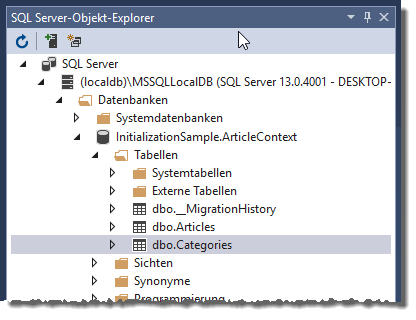 Die neue Datenbank im SQL Server-Objekt-Explorer