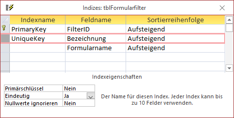 Eindeutiger Index über die beiden Felder Bezeichnung und Formularname