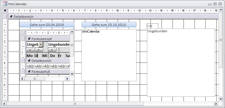 Zwei Kalender-Unterformulare befinden sich im Hauptformular neben einem Textfeld zum Loggen der Ereignisse