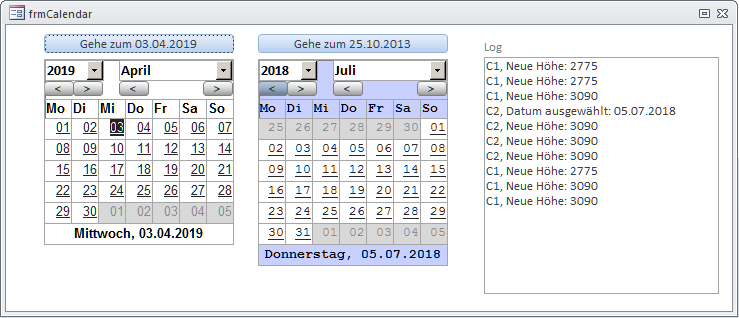 Das finale Testformular zeigt zwei Kalender auf Basis des sfrmCalendar mit unterschiedlichem Layout an